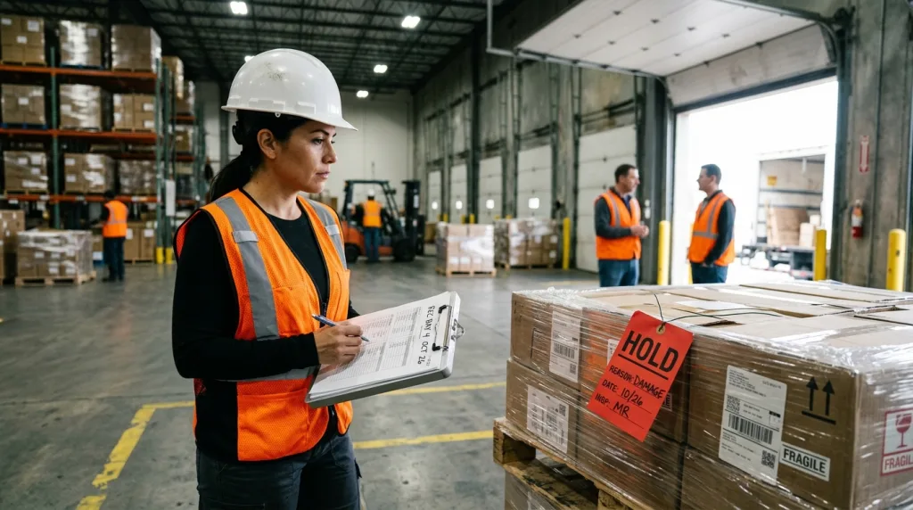Supervisor reviewing a held shipment due to packaging non-compliance