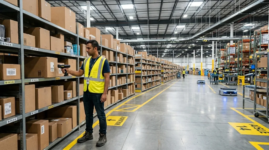 Amazon FBA warehouse worker scanning packages for inbound compliance
