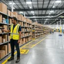 Amazon FBA warehouse worker scanning packages for inbound compliance