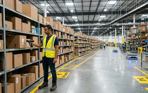 Amazon FBA warehouse worker scanning packages for inbound compliance