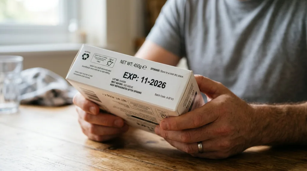 Product label showing FBA compliant expiration date format MM-YYYY
