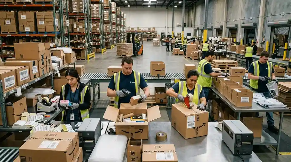 Amazon FBA prep centre packaging workflow.
