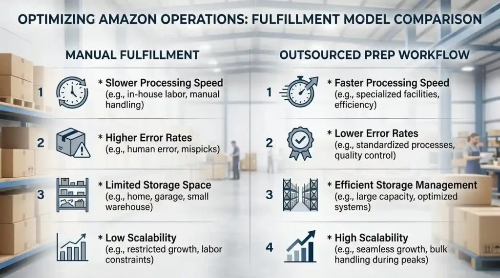Amazon fulfilment workflow comparison infographic.