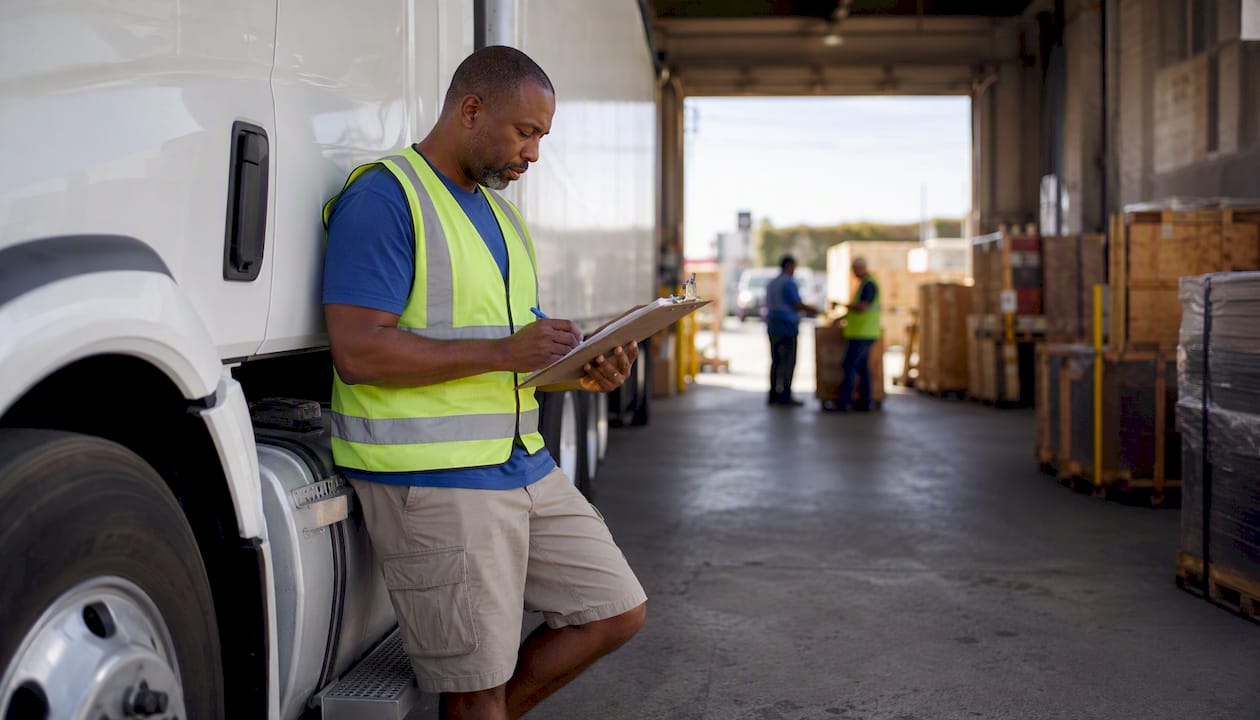 Truck driver with delivery papers at loading dock