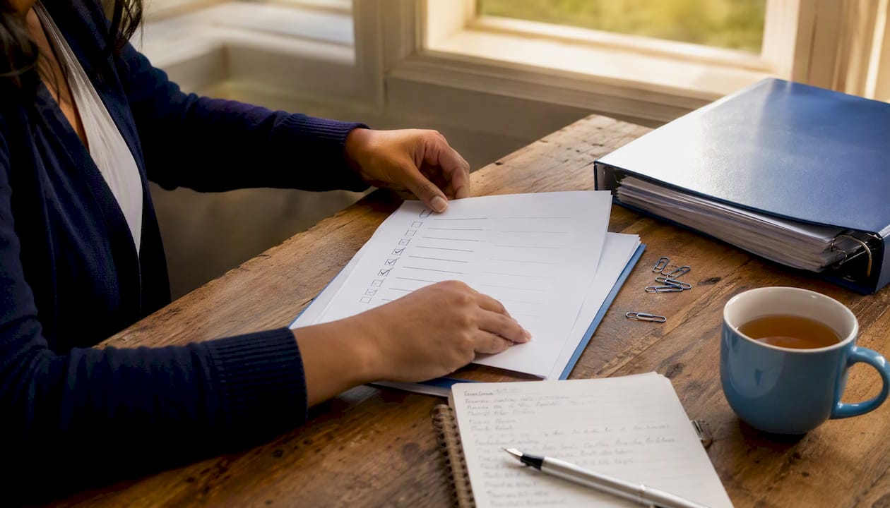 Close-up hands arranging customs broker checklist