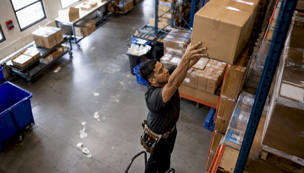 Hands placing box on warehouse shelf