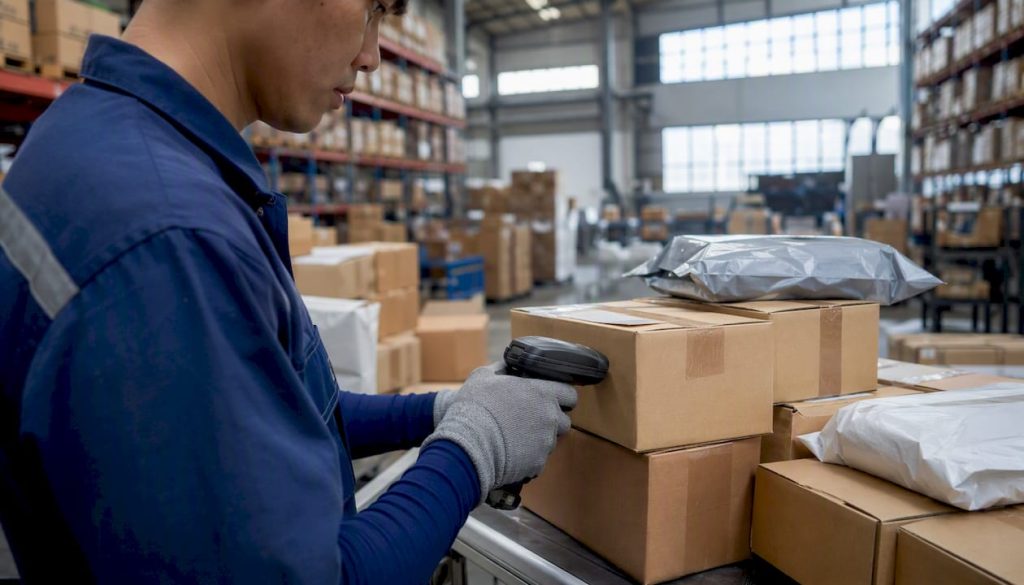 Worker scanning ecommerce packages in warehouse