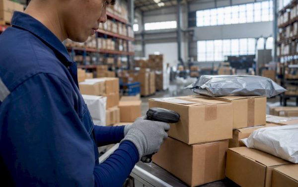 Worker scanning ecommerce packages in warehouse