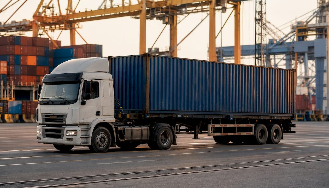 Drayage truck moving container at port