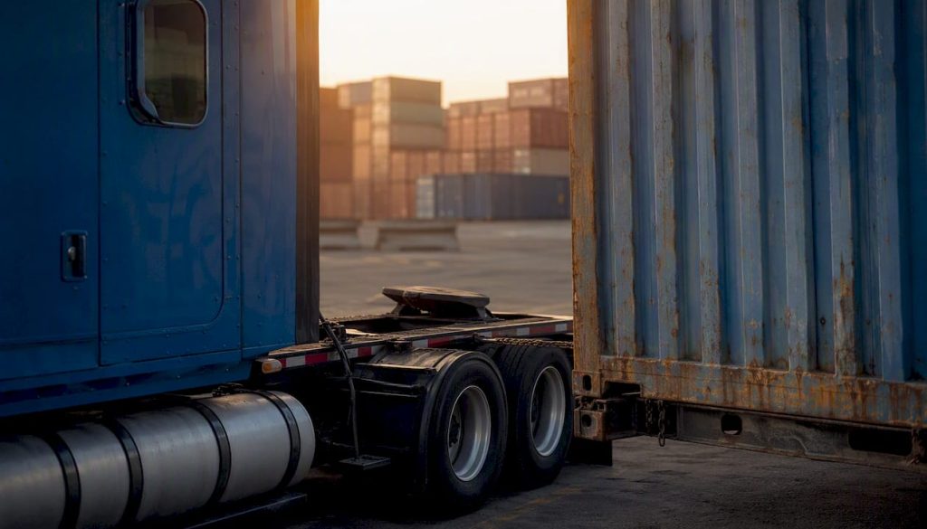 Close-up of truck connecting to shipping container