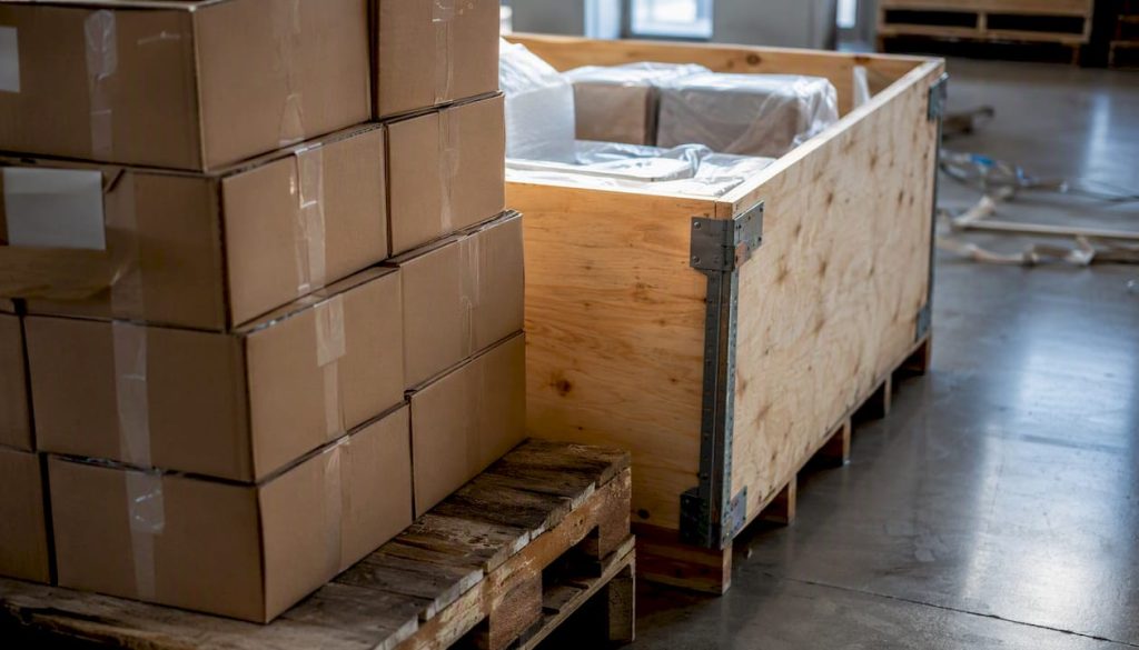 Wooden pallet and crate in warehouse