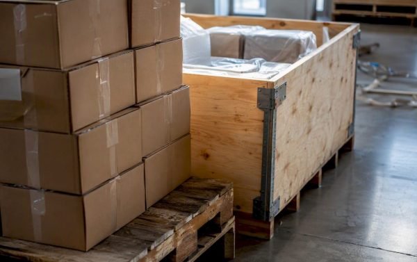 Wooden pallet and crate in warehouse