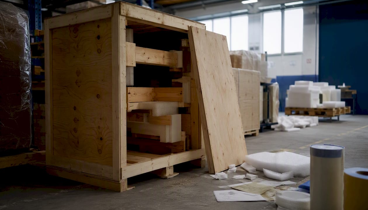 Internal wooden blocking inside plywood crate