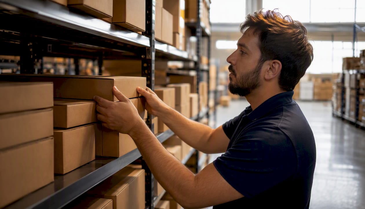 Hands shelving ecommerce boxes and larger parcels