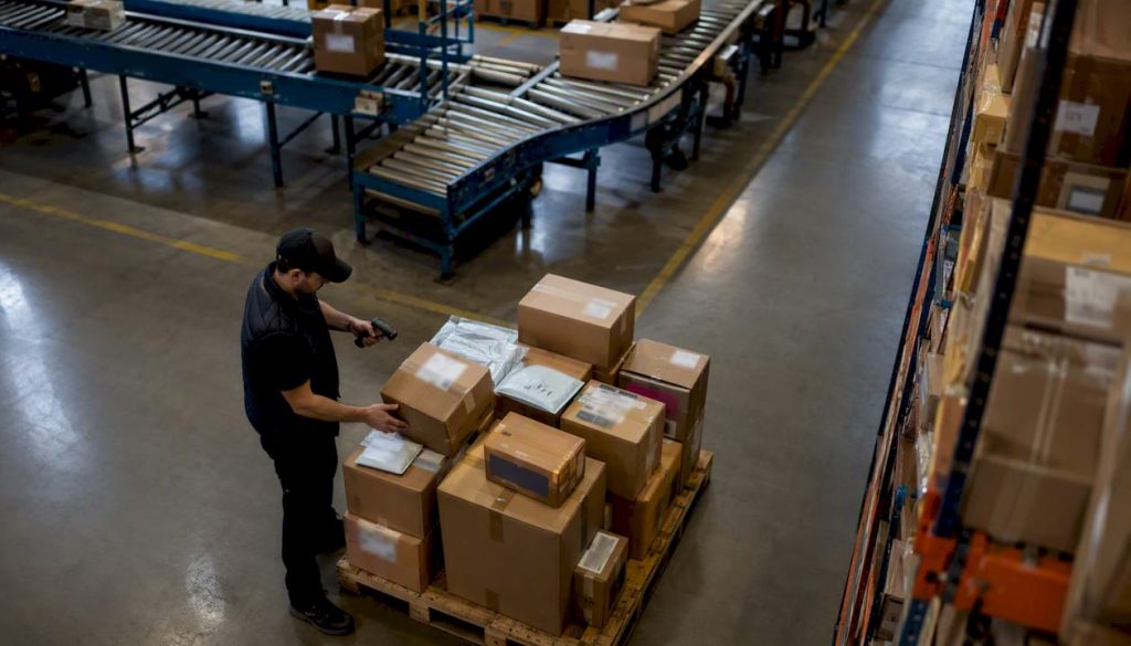 Worker scanning packages in logistics warehouse