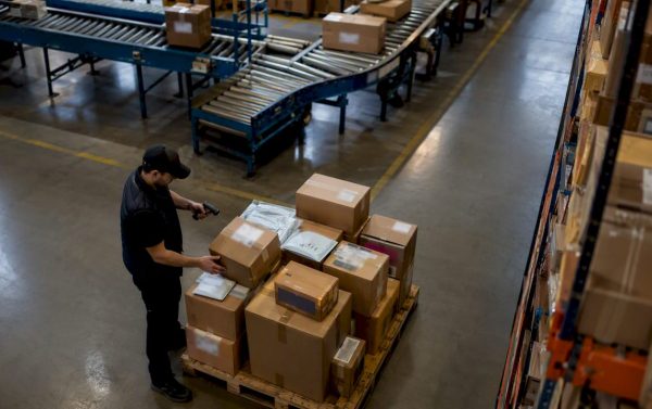 Worker scanning packages in logistics warehouse