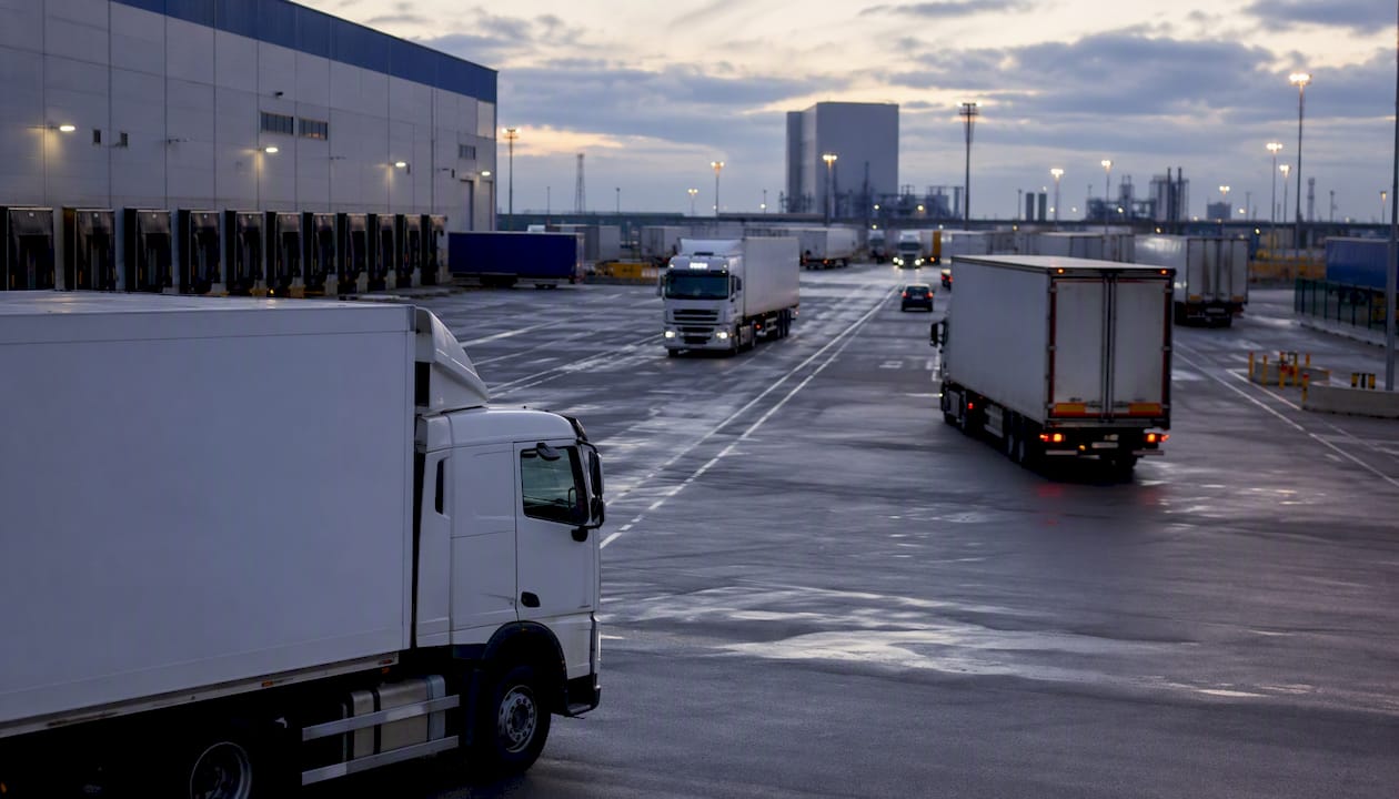 LTL freight trucks at terminal hub