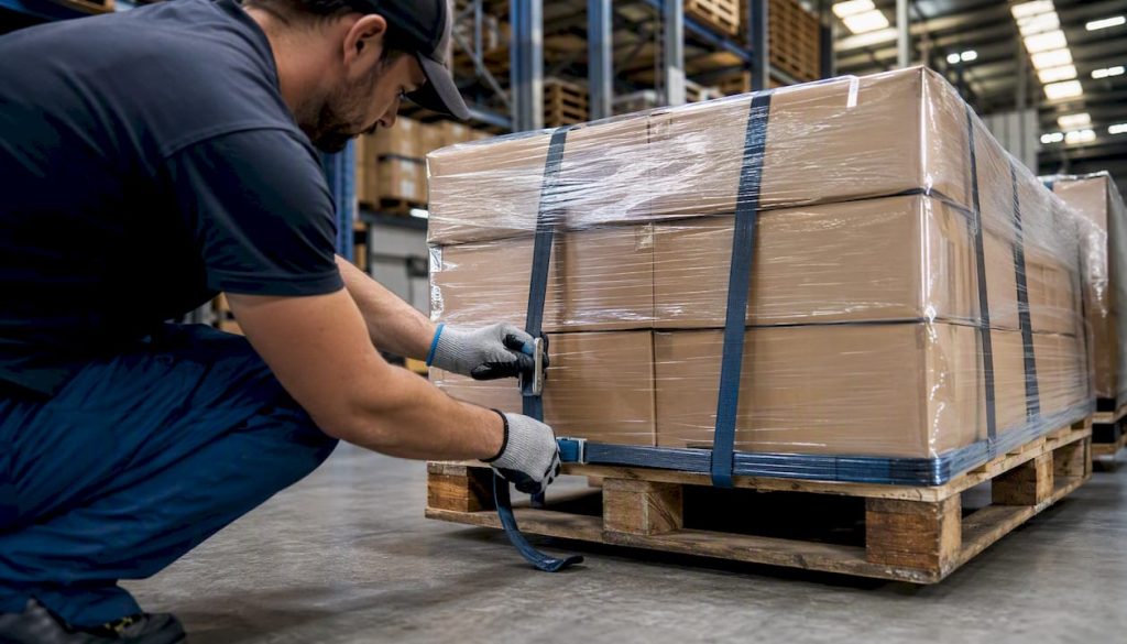 Hands securing pallet for LTL shipment