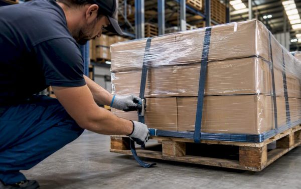 Hands securing pallet for LTL shipment