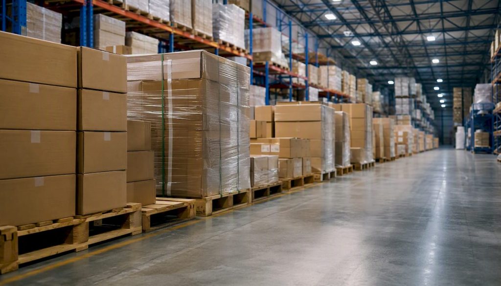 Warehouse pallets neatly stacked in rows