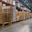 Warehouse pallets neatly stacked in rows