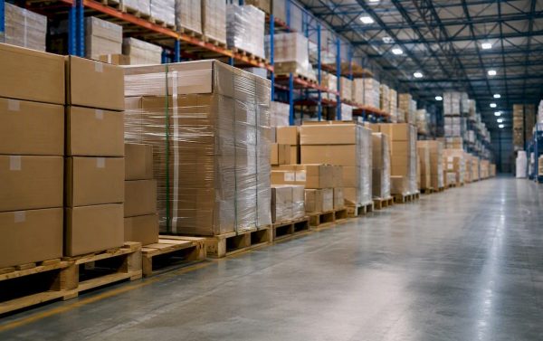 Warehouse pallets neatly stacked in rows