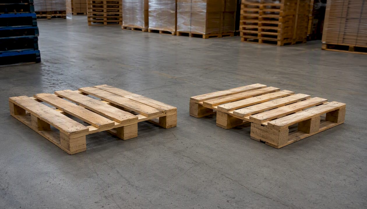 Close-up of stringer and block pallet bases