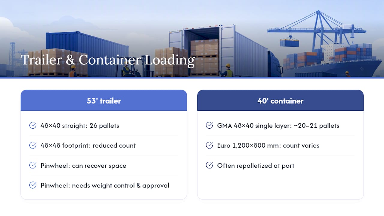 Diagram of pallet loading arrangements in trailers and containers
