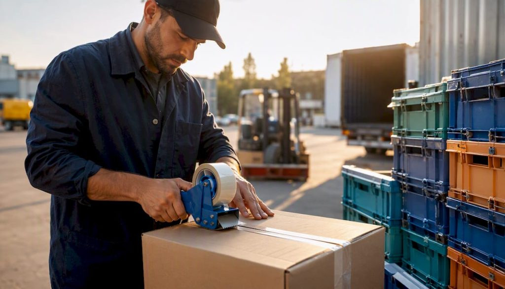 Worker packing export shipment box