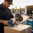 Worker packing export shipment box