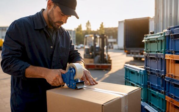 Worker packing export shipment box