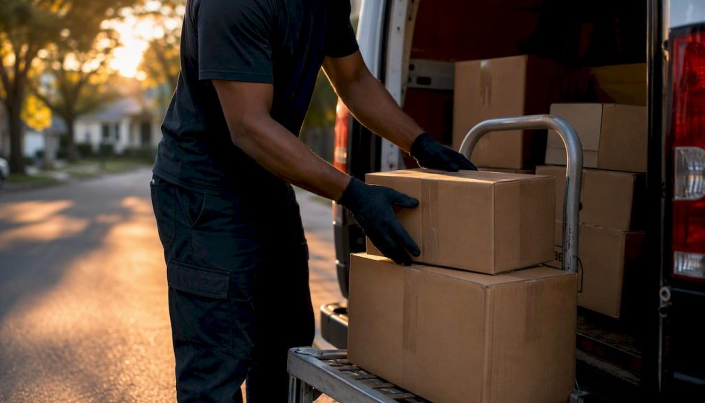 Hands unloading packages from delivery van