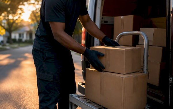 Hands unloading packages from delivery van