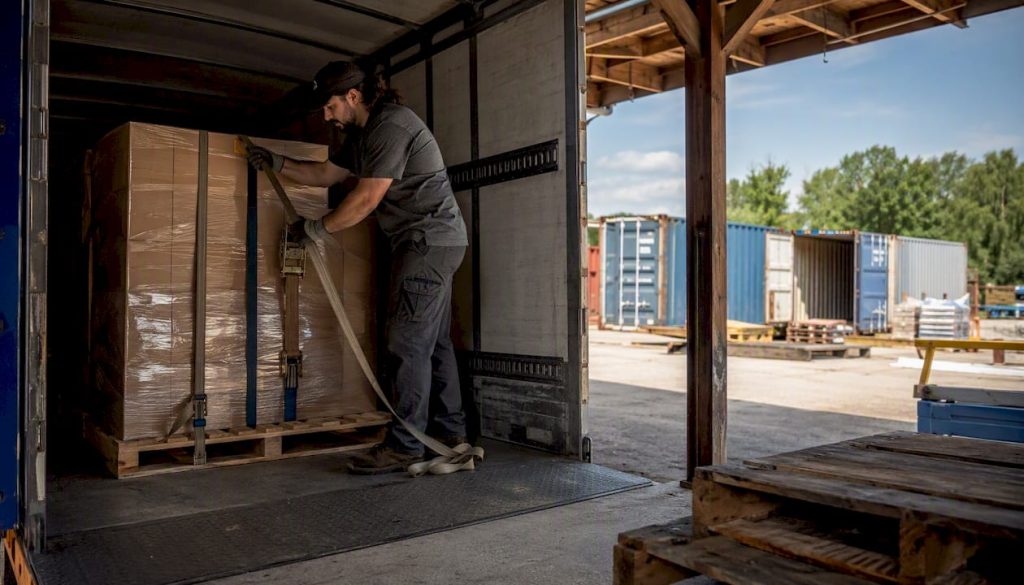 Truck driver securing cargo inside trailer
