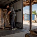 Truck driver securing cargo inside trailer
