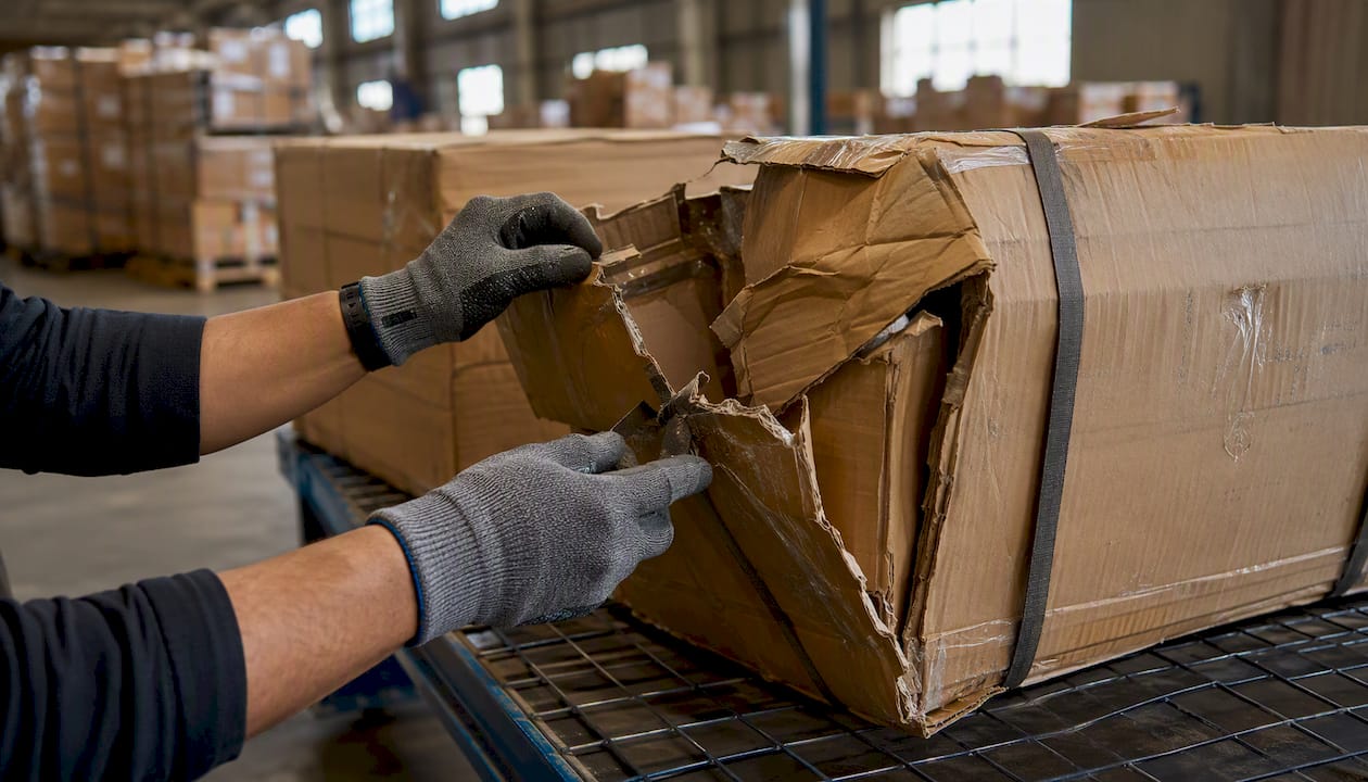 Hands inspecting damaged cargo boxes on pallet