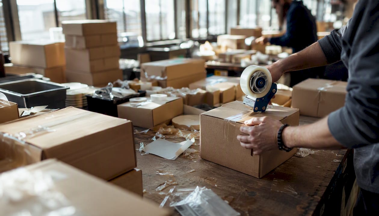 Packing ecommerce parcels at fulfillment station
