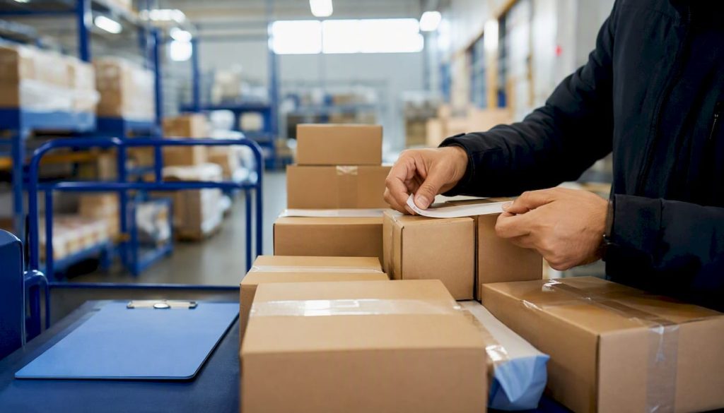 Warehouse worker sorting shipping packages