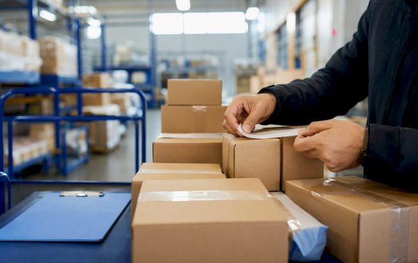 Warehouse worker sorting shipping packages