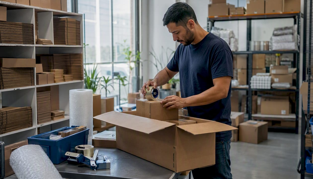Worker right-sizing boxes in warehouse