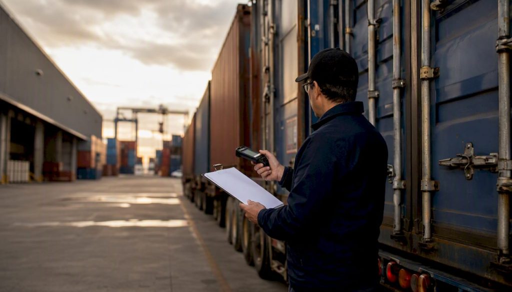 Importer checking cargo at shipping dock