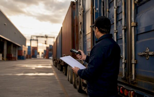 Importer checking cargo at shipping dock