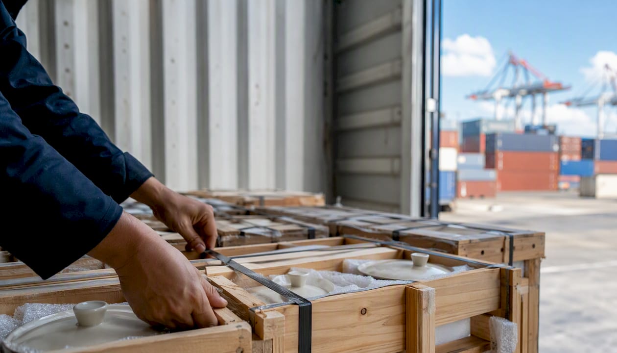 Worker securing cargo inside ocean container