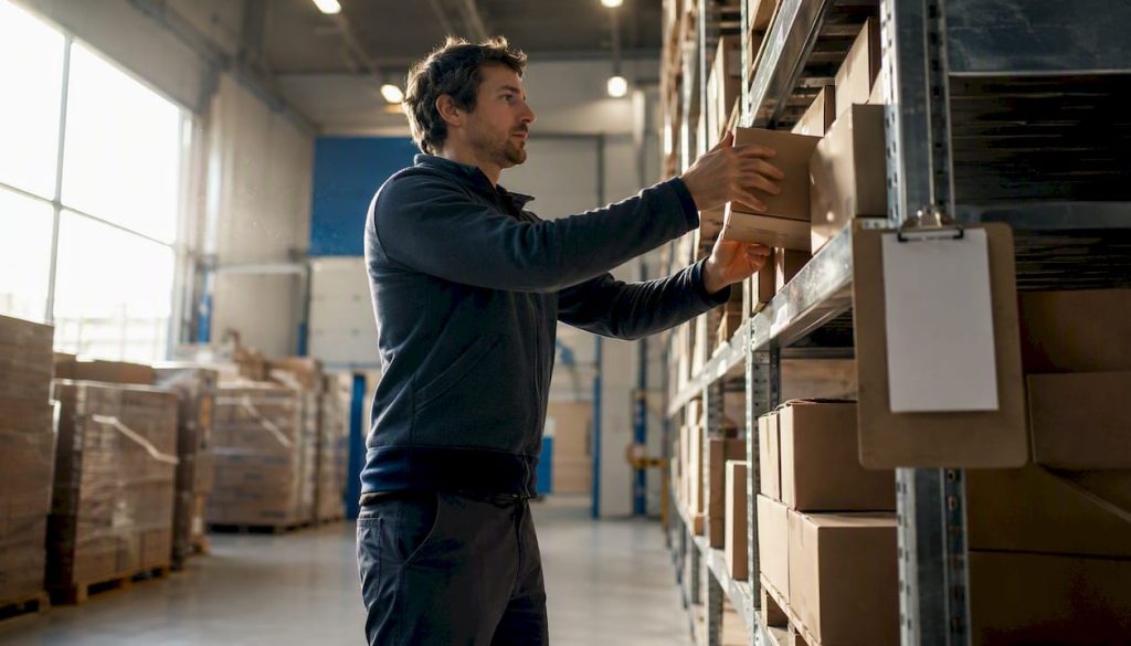 Worker placing box on safety stock shelf