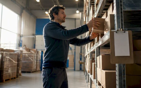Worker placing box on safety stock shelf