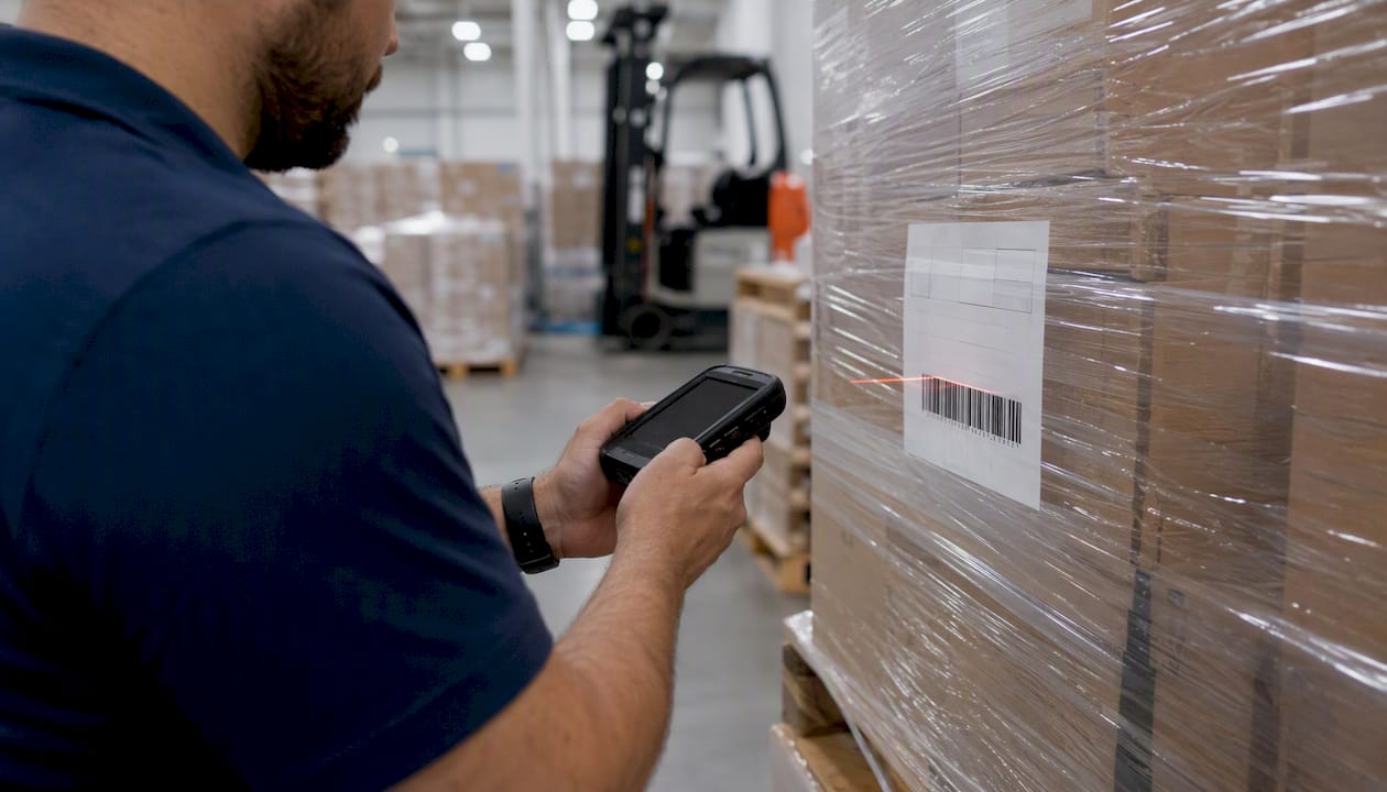 Hands scanning pallet label at shipping dock