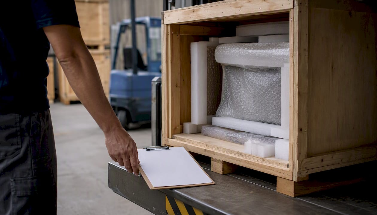Open shipping crate with packing materials and clipboard