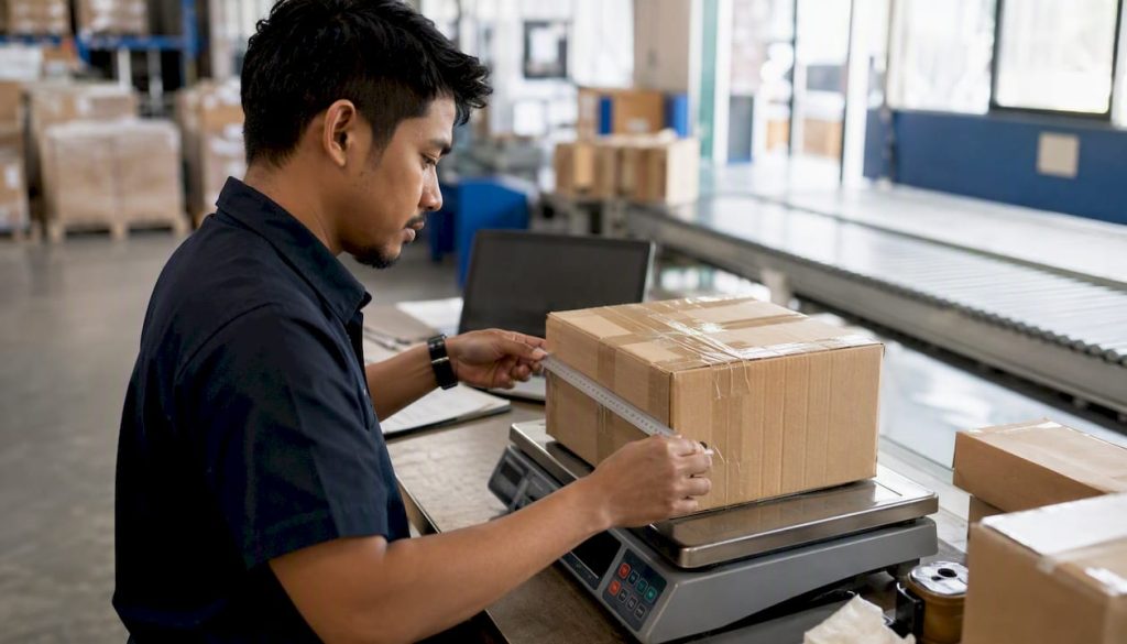 Hands weighing and inspecting shipping parcel in warehouse