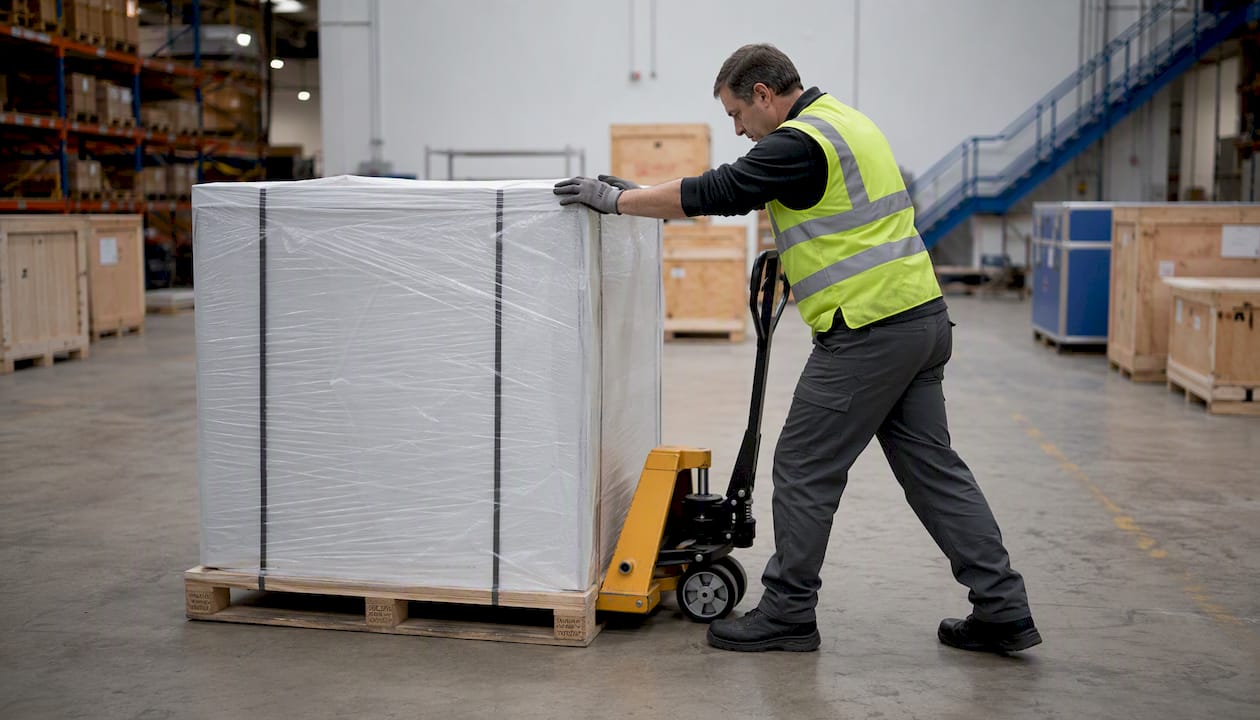 Worker moving oversized shipping item with pallet jack
