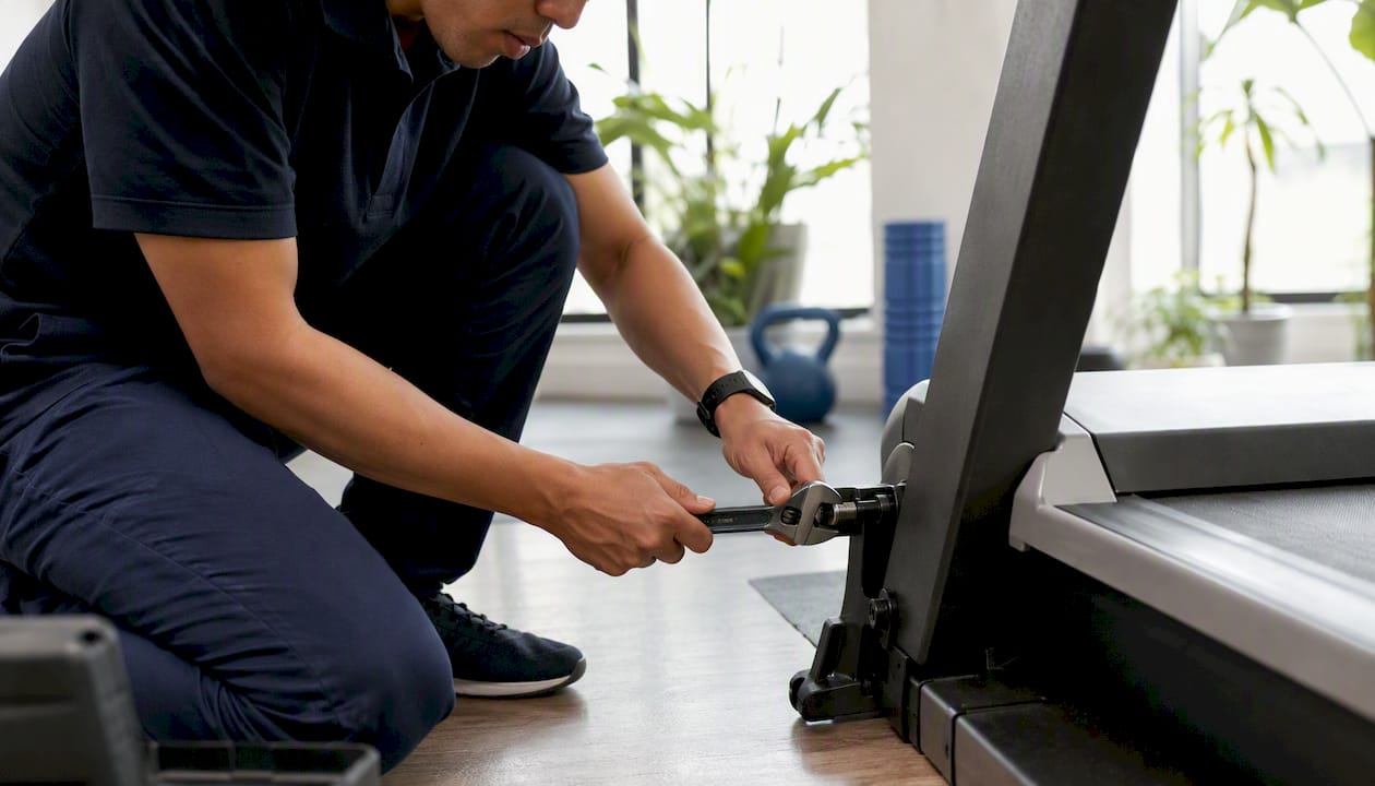 Technician calibrating treadmill leveling foot